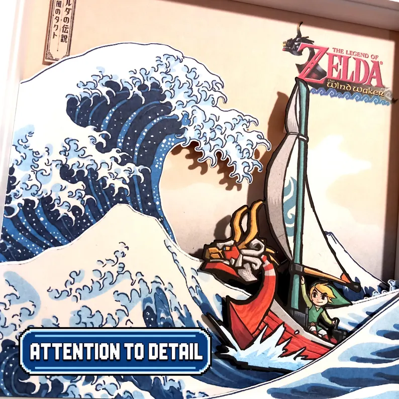 Close-up of the layered Great Wave, Link and the King of Red Lions in a handmade Wind Waker shadow box.
