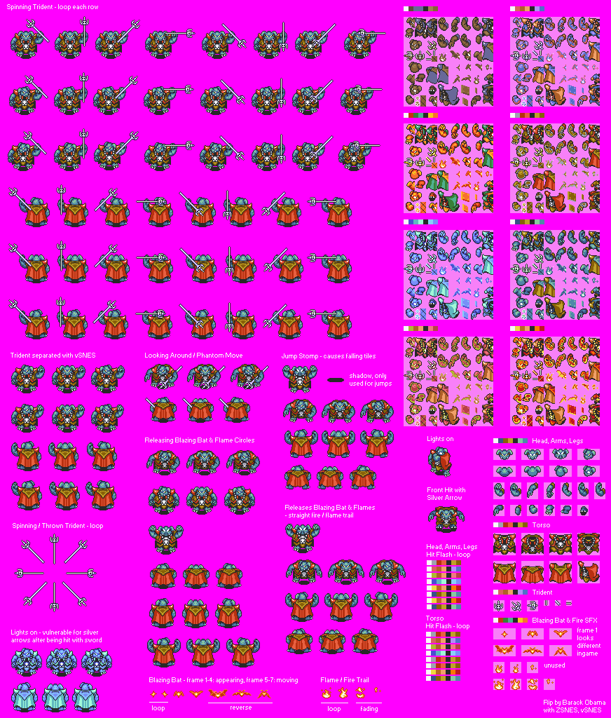 Ganon sprite sheet from The Legend of Zelda: A Link to the Past showing movement, trident and attack frames