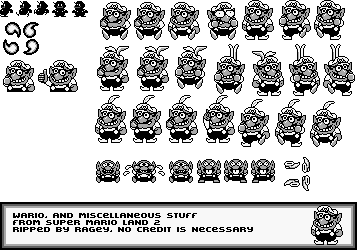 Wario sprite sheet from Super Mario Land 2 showing monochrome movement and boss animation frames
