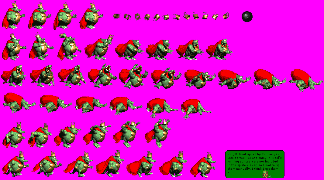 King K. Rool sprite sheet from Donkey Kong Country showing his pre-rendered attack and movement frames