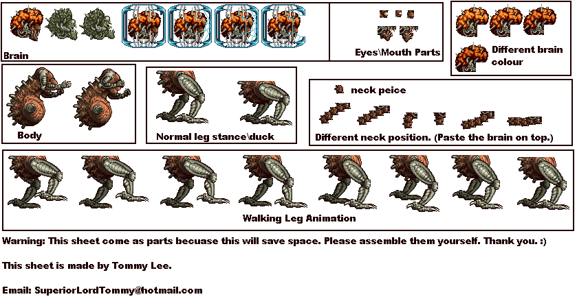 Mother Brain sprite sheet from Super Metroid showing the brain, glass enclosure and mechanical animation elements