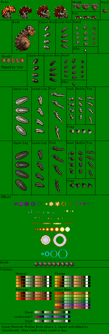 Mother Brain phase-two sprite sheet from Super Metroid showing her towering body and attack animation frames