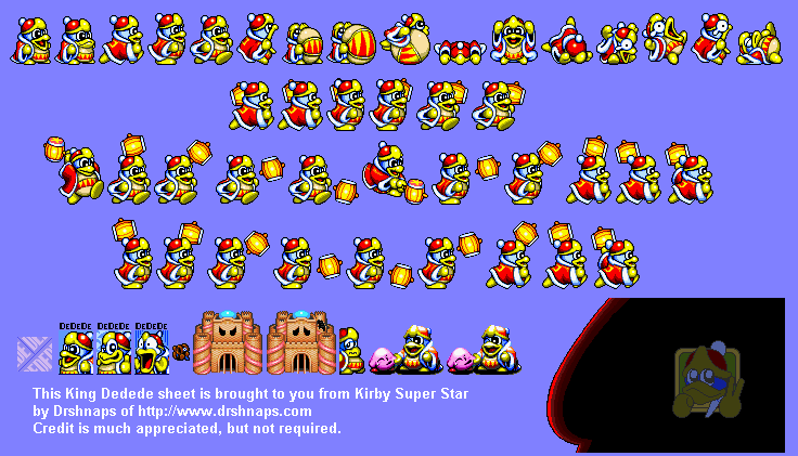 King Dedede sprite sheet from Kirby Super Star showing hammer attacks, movement and expressive animation frames