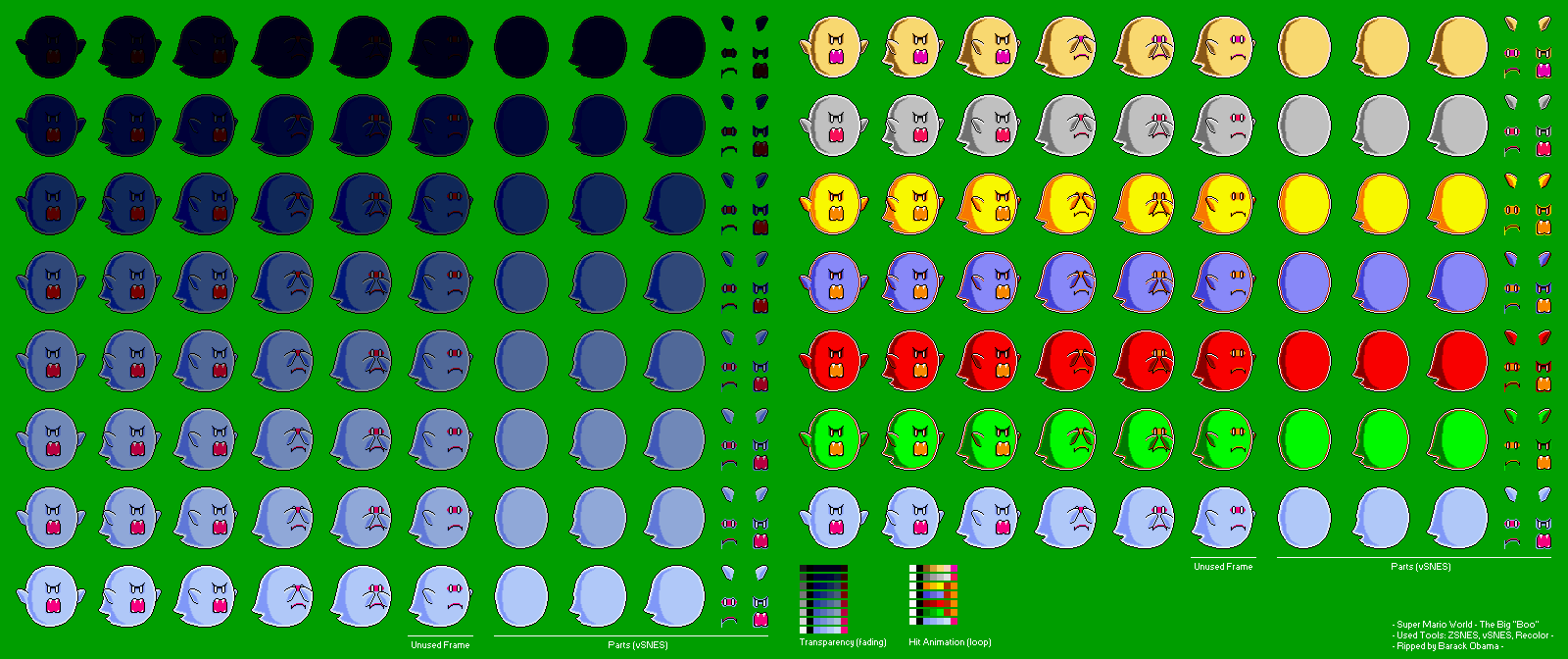 Big Boo sprite sheet from Super Mario World showing shy, attacking and boss animation frames