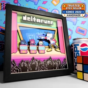 Black-framed Deltarune Chapter 3 TV Time shadow box with Kris, Susie, Ralsei and Tenna