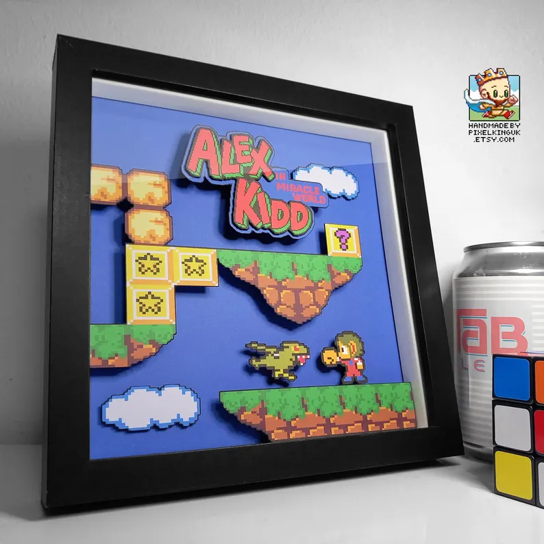 Black-framed Alex Kidd in Miracle World layered pixel art shadow box