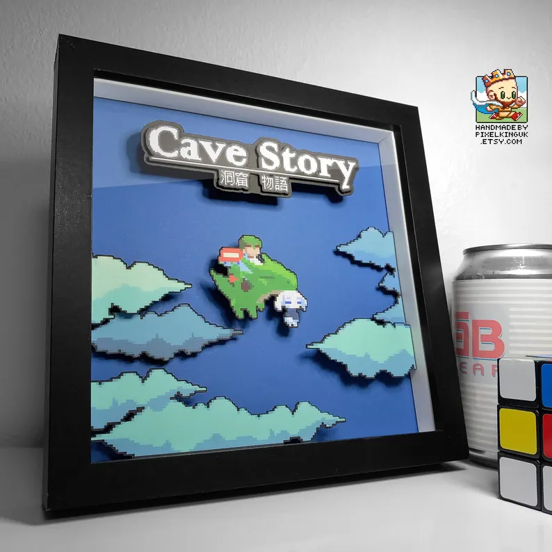 Black-framed Cave Story layered pixel art shadow box