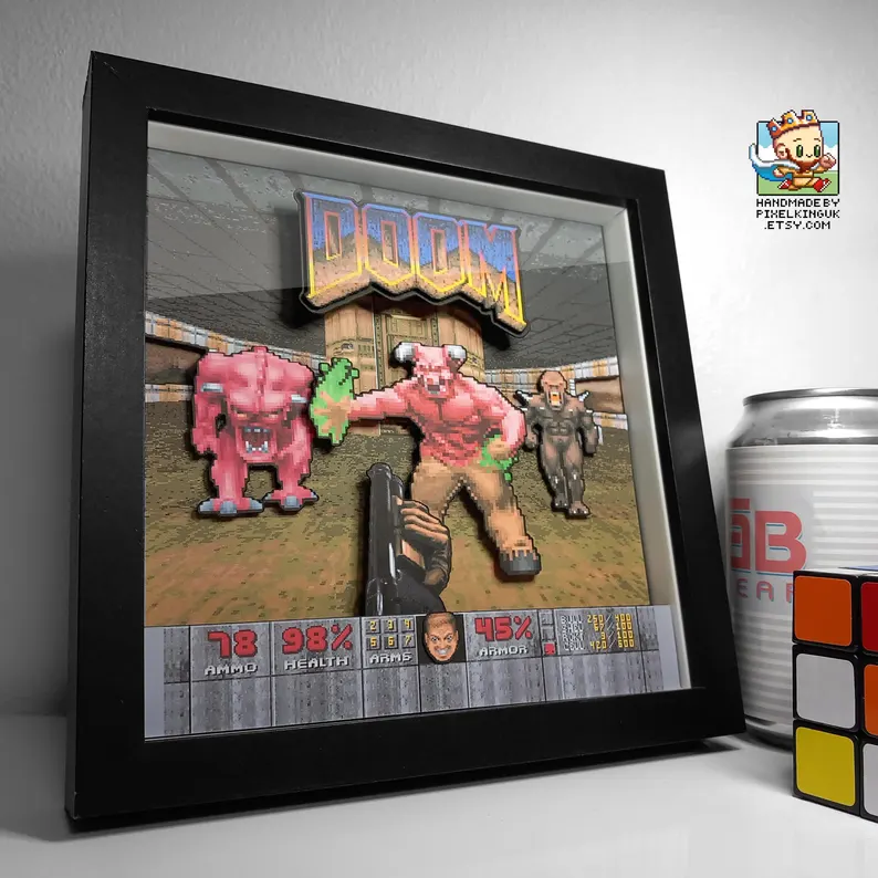 Black-framed classic Doom layered pixel art shadow box with game HUD