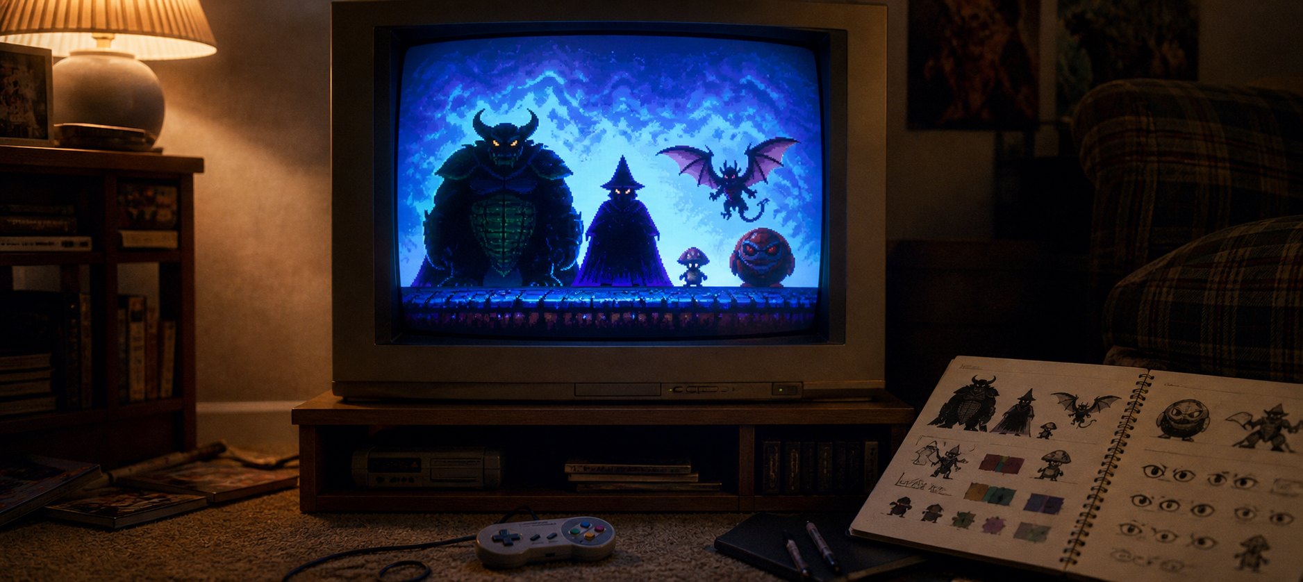 A 1990s CRT showing original 16-bit villain silhouettes beside a game-art sketchbook