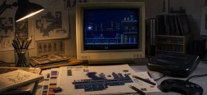 Early 1990s game art desk with a CRT displaying a dark, sharp 16-bit city scene