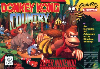 Official North American Donkey Kong Country SNES box artwork featuring Donkey Kong Diddy Kong and animal companions