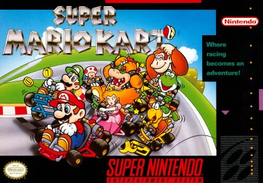Official North American Super Mario Kart SNES box artwork showing racers leaning into a bend