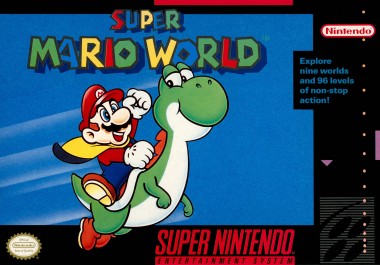 Official North American Super Mario World SNES box artwork featuring Mario riding Yoshi