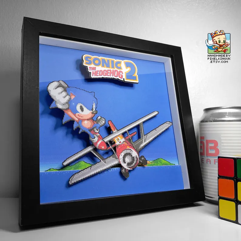 Angled Sonic the Hedgehog 2 ending-scene layered pixel art shadow box