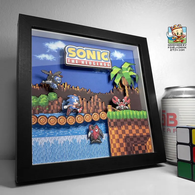 Angled Sonic the Hedgehog Green Hill Zone layered pixel art shadow box