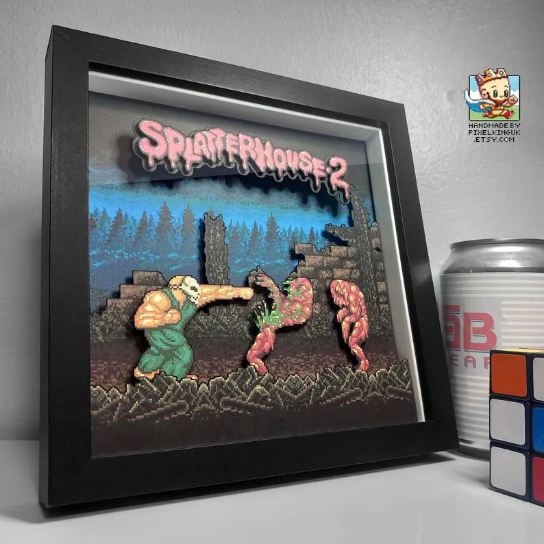 Angled Splatterhouse 2 layered pixel art shadow box with Rick and Boreworm