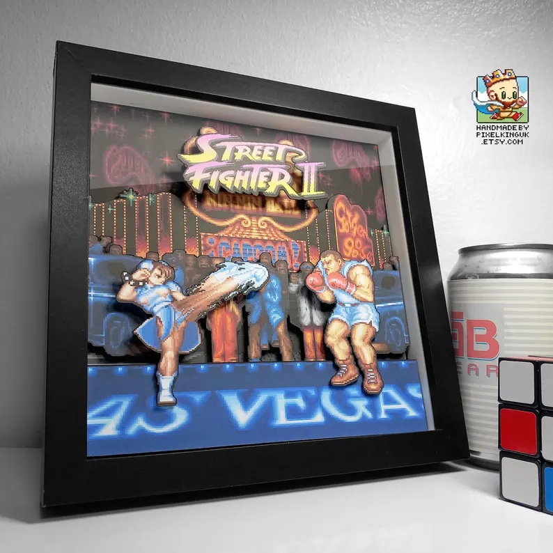 Angled Street Fighter II shadow box showing Chun-Li fighting Balrog