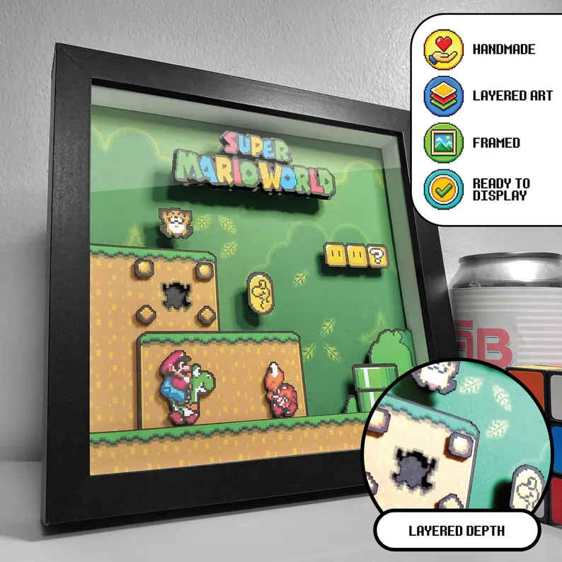 Black-framed Super Mario World Yoshi’s Island layered pixel art shadow box