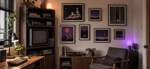 Tasteful grown-up retro gaming room with framed pixel-art wall display and vintage consoles