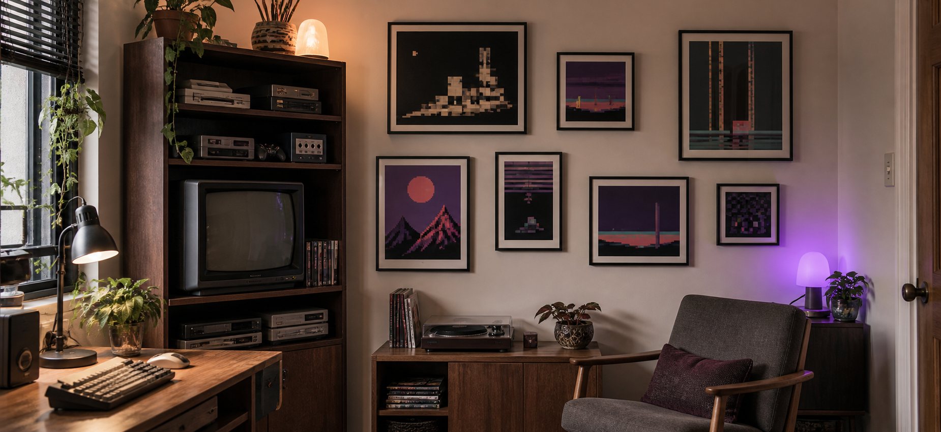 Tasteful grown-up retro gaming room with framed pixel-art wall display and vintage consoles