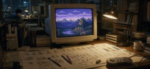 Early 1990s game artist desk with sprite sketches and a 16-bit landscape on a CRT monitor