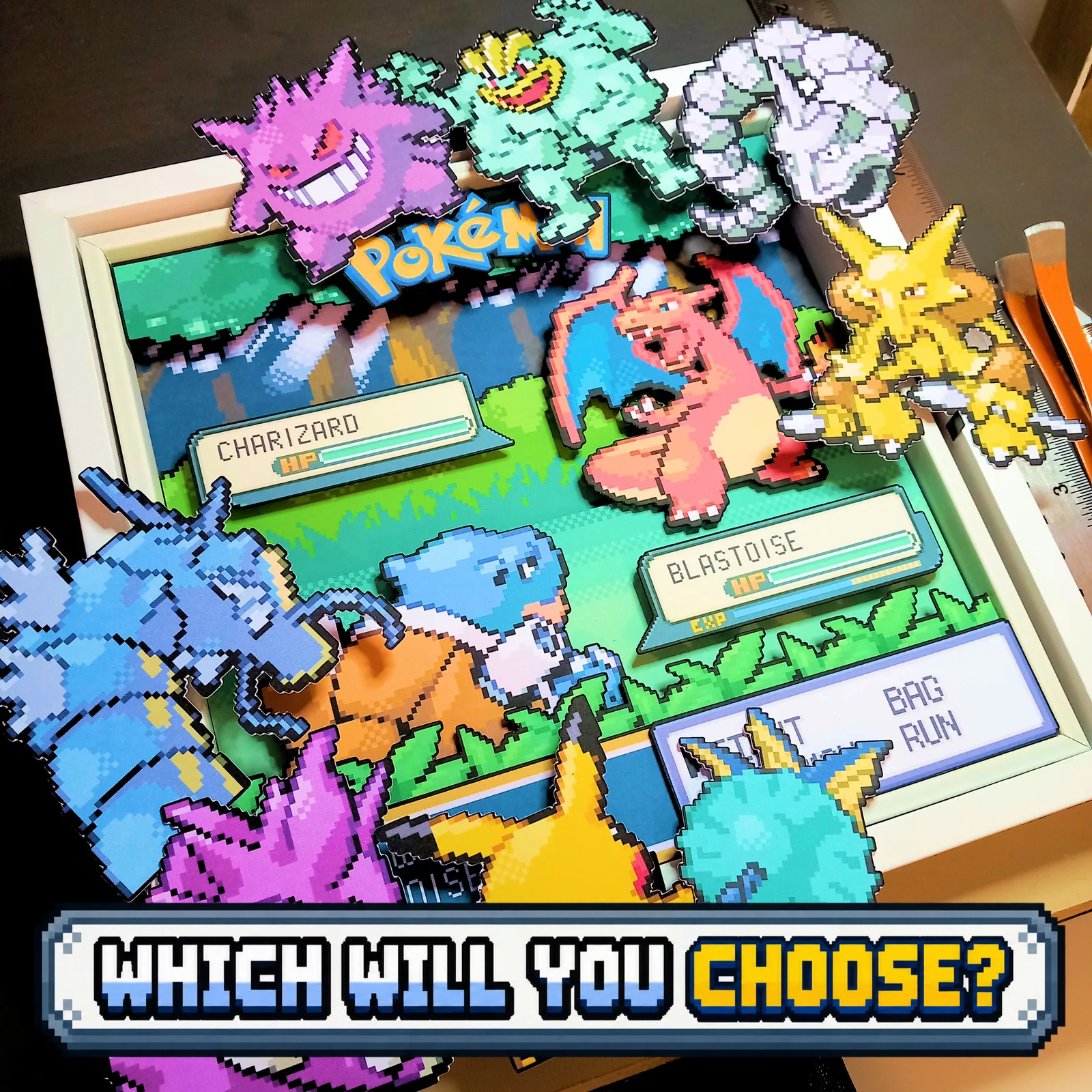 Choose-your-Pokémon guide showing two custom character positions in the layered forest battle shadow box.