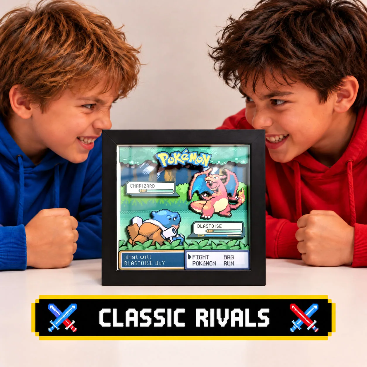 Two young Pokémon fans with a custom Charizard and Blastoise battle shadow box, representing a classic rivals gift.