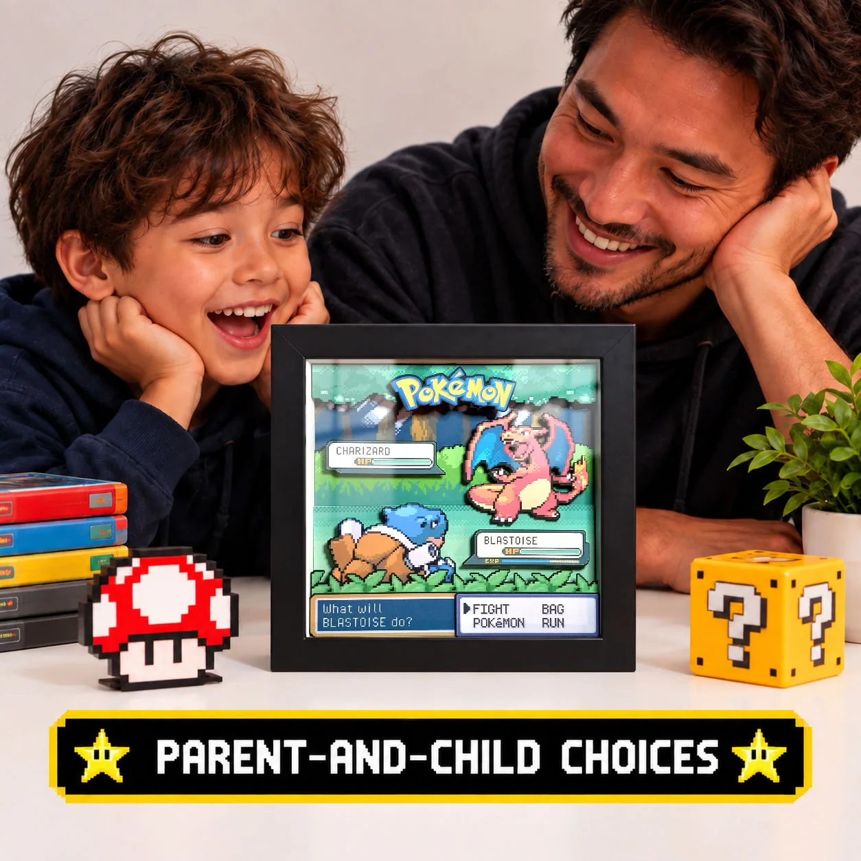Father and child enjoying a custom Pokémon battle shadow box featuring two personally chosen Pokémon.