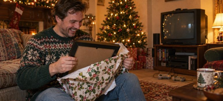 Adult retro gamer opening a black-framed Christmas gift beside a tree and CRT television