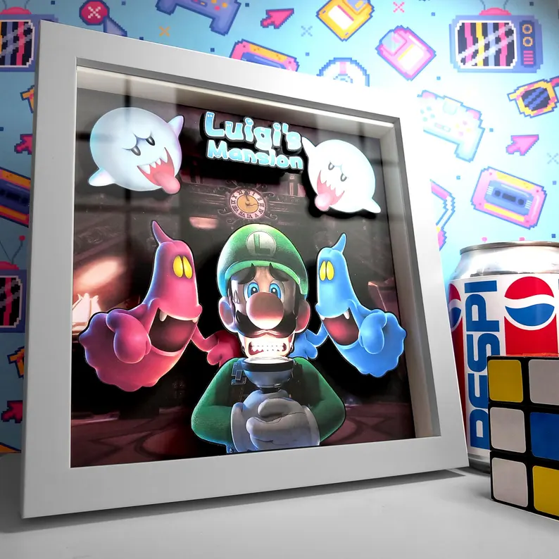 White framed Luigi's Mansion layered shadow box showing the full handmade ghost-hunting scene.
