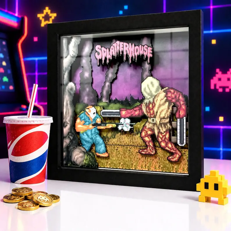Black framed Splatterhouse arcade shadow box displayed in a colourful retro games arcade room setting.