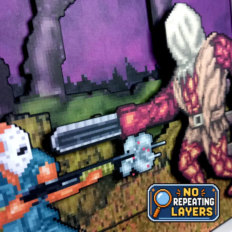 Close-up of Biggy Man with two chainsaw arms, showing the separate pixel-art cardstock layers and purple forest background.