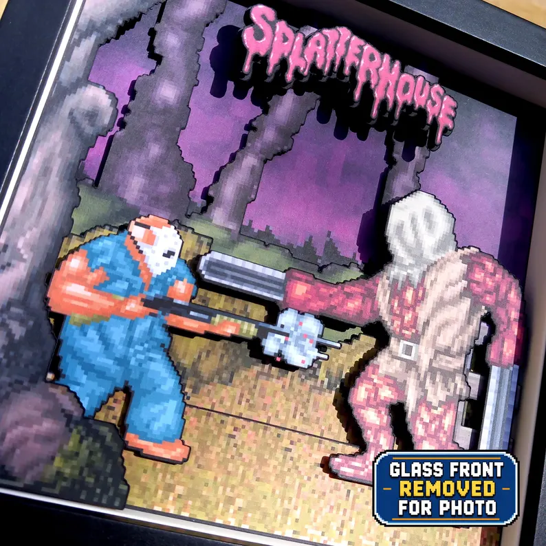 Angled close-up of the Splatterhouse boss battle with the glass removed to show the depth between the cardstock layers.