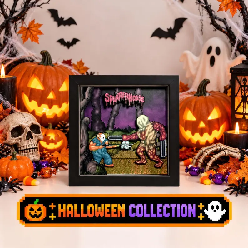 Splatterhouse Biggy Man shadow box displayed with pumpkins and Halloween decorations as retro horror gaming decor.