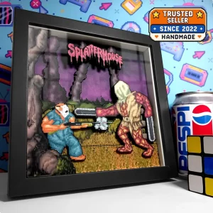 Black framed Splatterhouse Biggy Man pixel art shadow box showing Rick Taylor facing the chainsaw-armed arcade boss.